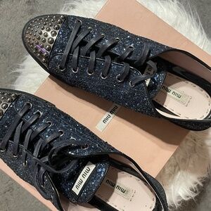 Authentic Miu Miu blue glitter studded women sneakers size 40